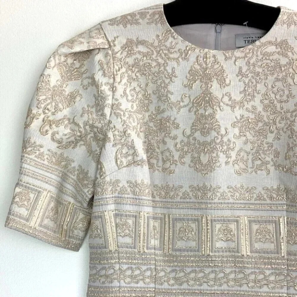 Teri Jon Rickie Freeman Midi Dress 4 Metallic Embroidered Puff Sleeve Event Gala - Picture 7 of 13